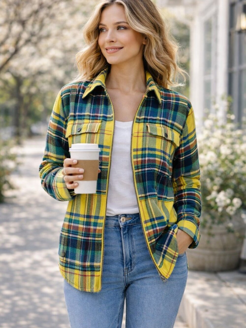 Chaps Plaid Flannel Shacket L Zip Up Cotton Jacket Yellow Green Blue EUC